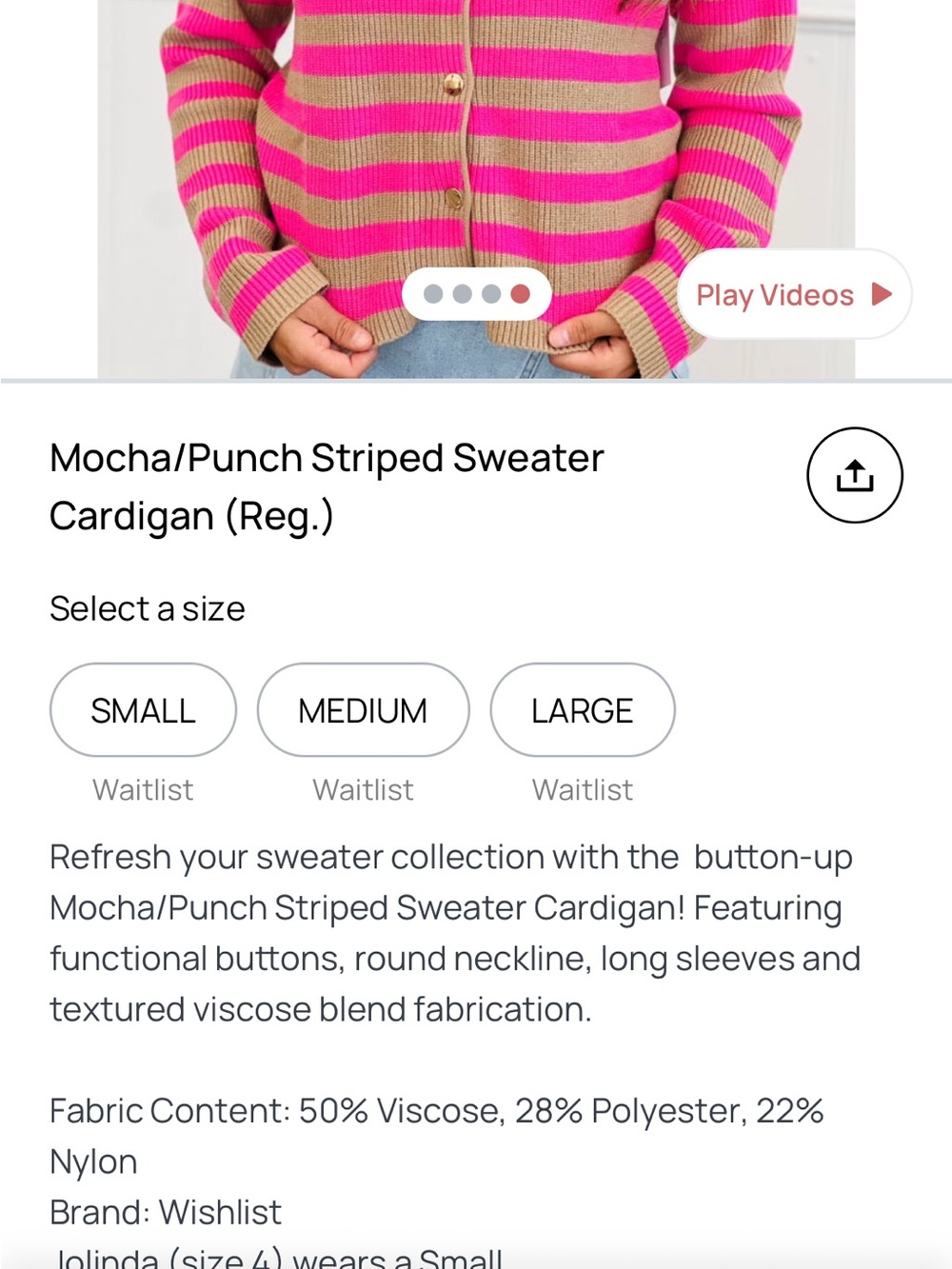 NEW Wishlist Vibrant Pink and Tan Striped Cardigan with Gold Snaps